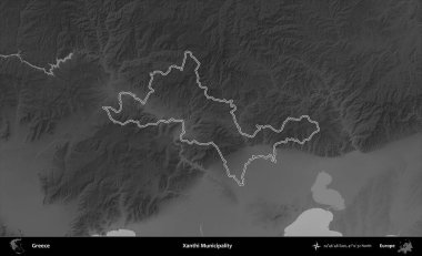 Xanthi Belediyesi. Yunanistan 'ın idari bölgesi gri ölçekli bir yükselme haritasında özetlendi