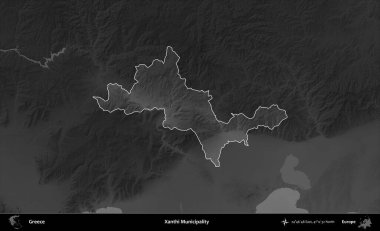 Xanthi Belediyesi. Yunanistan 'ın idari alanı kararmış bir gri tonlama yükseklik haritasına vurgulandı ve ana hatları çizildi