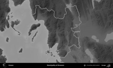 Xiromero Belediyesi. Yunanistan 'ın idari bölgesi gri ölçekli bir yükselme haritasında özetlendi