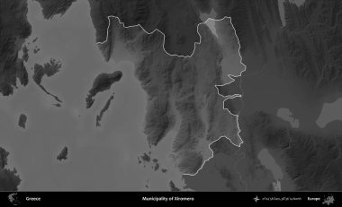 Xiromero Belediyesi. Yunanistan 'ın idari alanı kararmış bir gri tonlama yükseklik haritasına vurgulandı ve ana hatları çizildi