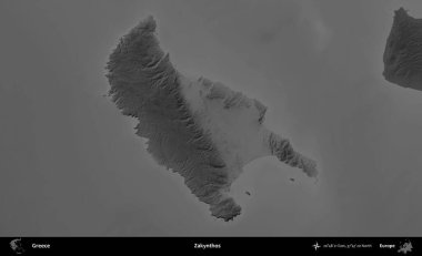 Zakynthos. Yunanistan 'ın idari alanı kararmış bir gri tonlama yükseklik haritasına vurgulandı ve ana hatları çizildi