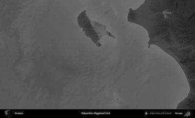 Zakynthos Bölgesel Birimi. Yunanistan 'ın idari alanı kararmış bir gri tonlama yükseklik haritasına vurgulandı ve ana hatları çizildi