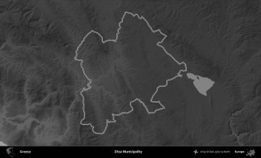 Zitsa Belediyesi. Yunanistan 'ın idari bölgesi gri ölçekli bir yükselme haritasında özetlendi