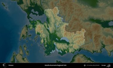 Aetolia-Acarnania Bölgesel Birimi. Yunanistan 'ın idari alanı koyu renkli bir yükseklik haritasına vurgulandı ve özetlendi