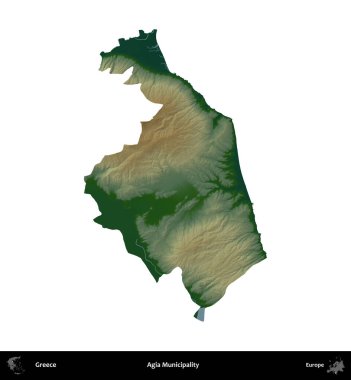 Agia Belediyesi. Yunanistan 'ın idari bölgesi renkli bir yükseklik haritasında beyaza izole edildi