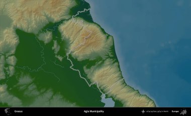 Agia Belediyesi. Yunanistan 'ın idari bölgesi renkli bir yükseklik haritasında özetlendi