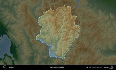 Agrafa Belediyesi. Yunanistan 'ın idari alanı koyu renkli bir yükseklik haritasına vurgulandı ve özetlendi