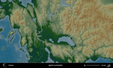 Agrinio belediyesi. Yunanistan 'ın idari bölgesi renkli bir yükseklik haritasında özetlendi