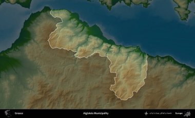 Aigialeia Belediyesi. Yunanistan 'ın idari alanı koyu renkli bir yükseklik haritasına vurgulandı ve özetlendi