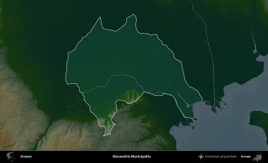 İskenderiye Belediyesi. Yunanistan 'ın idari alanı koyu renkli bir yükseklik haritasına vurgulandı ve özetlendi