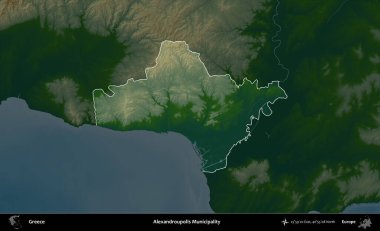Dedeağaç Belediyesi. Yunanistan 'ın idari alanı koyu renkli bir yükseklik haritasına vurgulandı ve özetlendi