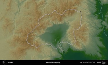 Almopia Belediyesi. Yunanistan 'ın idari bölgesi renkli bir yükseklik haritasında özetlendi
