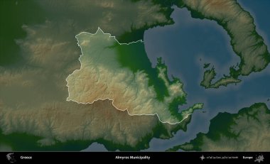 Almyros Belediyesi. Yunanistan 'ın idari alanı koyu renkli bir yükseklik haritasına vurgulandı ve özetlendi