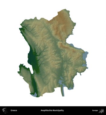 Amphilochia Belediyesi. Yunanistan 'ın idari bölgesi renkli bir yükseklik haritasında beyaza izole edildi