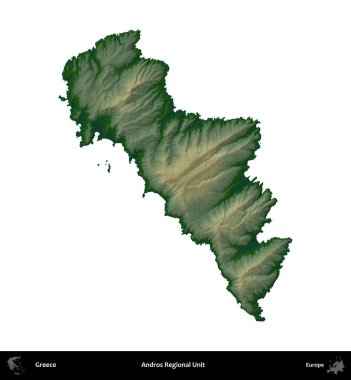 Andros Bölgesel Birimi. Yunanistan 'ın idari bölgesi renkli bir yükseklik haritasında beyaza izole edildi