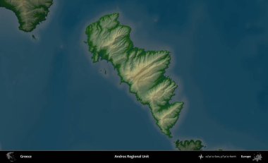 Andros Bölgesel Birimi. Yunanistan 'ın idari alanı koyu renkli bir yükseklik haritasına vurgulandı ve özetlendi