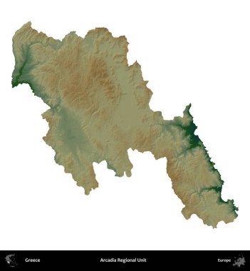 Arcadia Bölgesel Birimi. Yunanistan 'ın idari bölgesi renkli bir yükseklik haritasında beyaza izole edildi