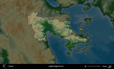 Argolis Bölgesel Birimi. Yunanistan 'ın idari alanı koyu renkli bir yükseklik haritasına vurgulandı ve özetlendi