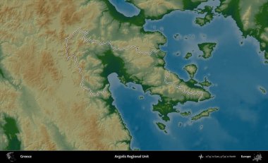 Argolis Bölgesel Birimi. Yunanistan 'ın idari bölgesi renkli bir yükseklik haritasında özetlendi