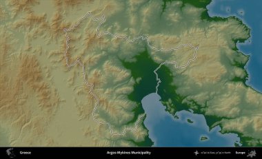 Argos-Mykines Belediyesi. Yunanistan 'ın idari bölgesi renkli bir yükseklik haritasında özetlendi