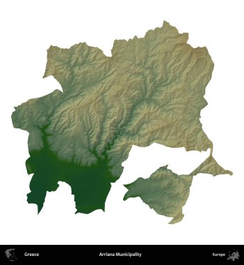 Arriana Belediyesi. Yunanistan 'ın idari bölgesi renkli bir yükseklik haritasında beyaza izole edildi