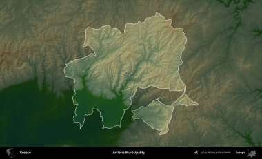 Arriana Belediyesi. Yunanistan 'ın idari alanı koyu renkli bir yükseklik haritasına vurgulandı ve özetlendi