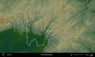 Arriana Belediyesi. Yunanistan 'ın idari bölgesi renkli bir yükseklik haritasında özetlendi