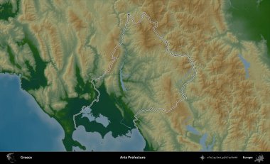 Arta Bölgesi. Yunanistan 'ın idari bölgesi renkli bir yükseklik haritasında özetlendi