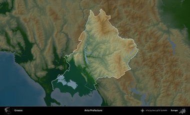 Arta Bölgesi. Yunanistan 'ın idari alanı koyu renkli bir yükseklik haritasına vurgulandı ve özetlendi