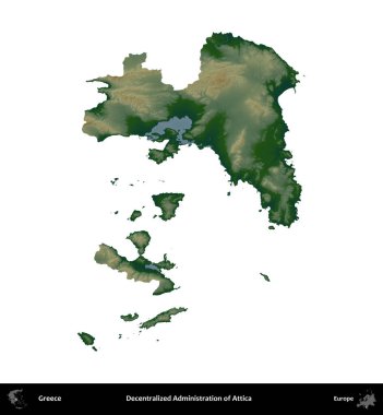Attica. Yunanistan 'ın idari bölgesi renkli bir yükseklik haritasında beyaza izole edildi