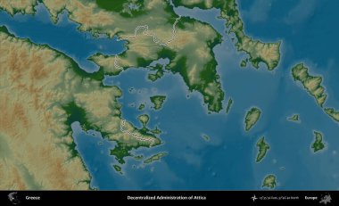 Attica. Yunanistan 'ın idari bölgesi renkli bir yükseklik haritasında özetlendi