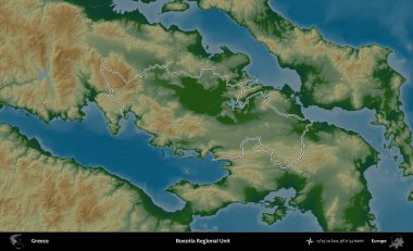 Boeotia Bölgesel Birimi. Yunanistan 'ın idari bölgesi renkli bir yükseklik haritasında özetlendi