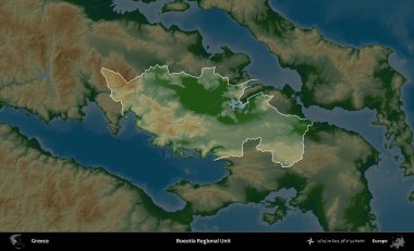Boeotia Bölgesel Birimi. Yunanistan 'ın idari alanı koyu renkli bir yükseklik haritasına vurgulandı ve özetlendi