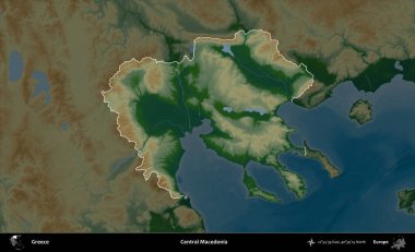 Orta Makedonya. Yunanistan 'ın idari alanı koyu renkli bir yükseklik haritasına vurgulandı ve özetlendi