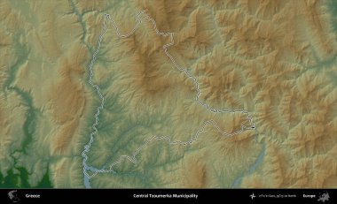 Merkez Tzoumerka Belediyesi. Yunanistan 'ın idari bölgesi renkli bir yükseklik haritasında özetlendi