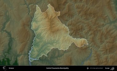 Merkez Tzoumerka Belediyesi. Yunanistan 'ın idari alanı koyu renkli bir yükseklik haritasına vurgulandı ve özetlendi
