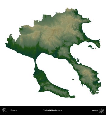 Chalkidiki Bölgesi. Yunanistan 'ın idari bölgesi renkli bir yükseklik haritasında beyaza izole edildi