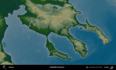 Chalkidiki Bölgesi. Yunanistan 'ın idari bölgesi renkli bir yükseklik haritasında özetlendi
