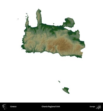 Chania Bölgesel Birimi. Yunanistan 'ın idari bölgesi renkli bir yükseklik haritasında beyaza izole edildi