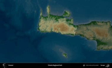 Chania Bölgesel Birimi. Yunanistan 'ın idari alanı koyu renkli bir yükseklik haritasına vurgulandı ve özetlendi
