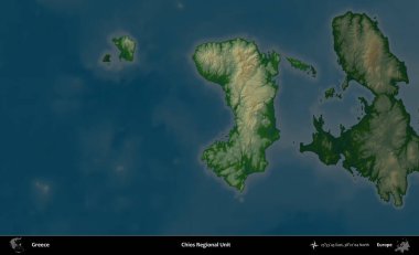 Chios Bölgesel Birimi. Yunanistan 'ın idari alanı koyu renkli bir yükseklik haritasına vurgulandı ve özetlendi