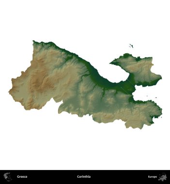 Korinthia 'da. Yunanistan 'ın idari bölgesi renkli bir yükseklik haritasında beyaza izole edildi