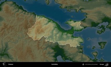 Korinthia 'da. Yunanistan 'ın idari alanı koyu renkli bir yükseklik haritasına vurgulandı ve özetlendi