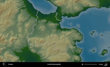 Corinth Belediyesi. Yunanistan 'ın idari bölgesi renkli bir yükseklik haritasında özetlendi