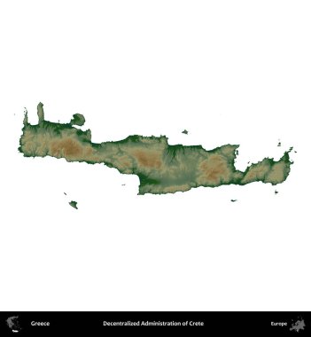 Girit. Yunanistan 'ın idari bölgesi renkli bir yükseklik haritasında beyaza izole edildi