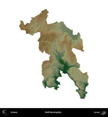 Delfi Belediyesi. Yunanistan 'ın idari bölgesi renkli bir yükseklik haritasında beyaza izole edildi