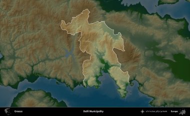Delfi Belediyesi. Yunanistan 'ın idari alanı koyu renkli bir yükseklik haritasına vurgulandı ve özetlendi