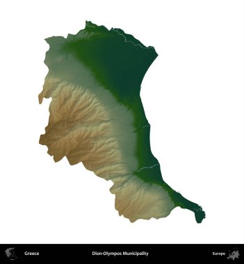 Dion-Olympmpos Belediyesi. Yunanistan 'ın idari bölgesi renkli bir yükseklik haritasında beyaza izole edildi
