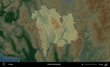 Dodoni Belediyesi. Yunanistan 'ın idari alanı koyu renkli bir yükseklik haritasına vurgulandı ve özetlendi