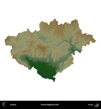 Drama Bölgesel Birimi. Yunanistan 'ın idari bölgesi renkli bir yükseklik haritasında beyaza izole edildi